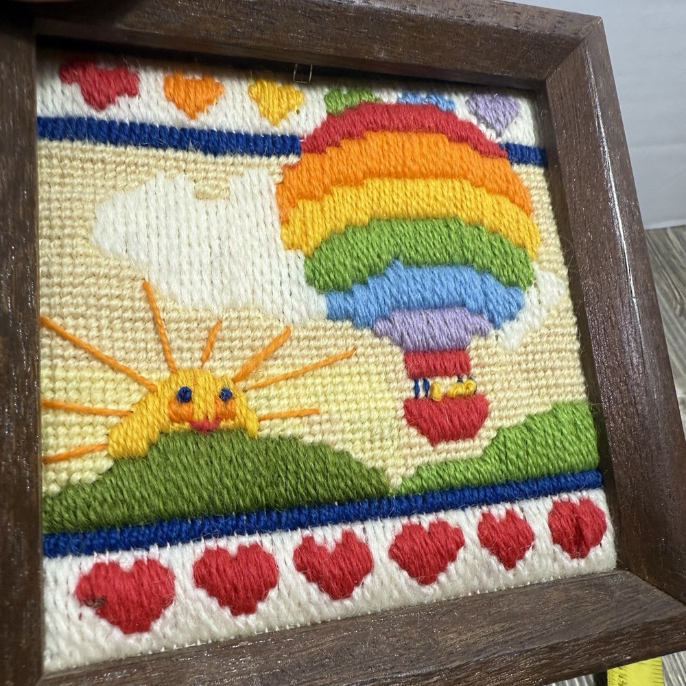 Framed Vtg Completed Needlepoint Hot Air Balloon Colorful Sun 6.5" x 6.5"